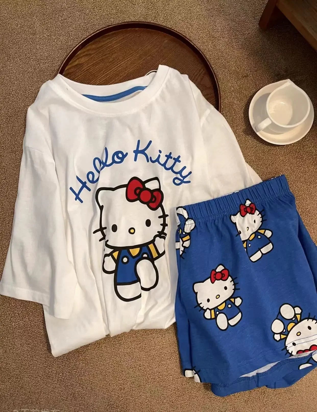 Hello Kitty Summer White & Blue Pajama Set Women's Short Sleeve Shorts with Lace Accents Soft Breathable Loungewear Home Comfort