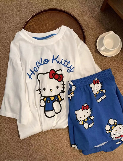 Hello Kitty Summer White & Blue Pajama Set Women's Short Sleeve Shorts with Lace Accents Soft Breathable Loungewear Home Comfort