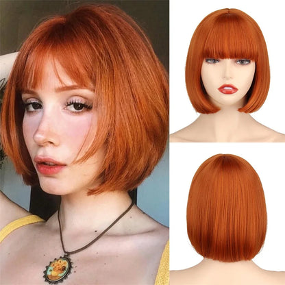 HAIRJOY Women Short Straight White Bob Wig with Bangs Synthetic Hair for Daily Party Cosplay Halloween orange 10inches