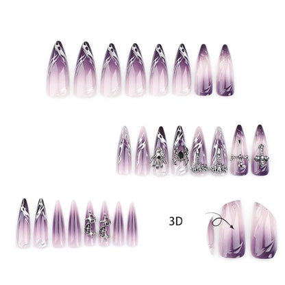 24pcs Manicure Long Almond False Nails Stiletto Ballerina Fake Nials Detachable Halloween Bat French Nail Tips DIY