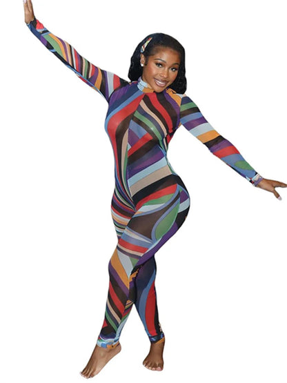 Nibber Sexy Colorful Print Jumpsuit Women Zip Y2K Full Sleeve O-Neck Turtleneck Autumn Trend Skinny Stretch Workout Overalls Badiee Stylez