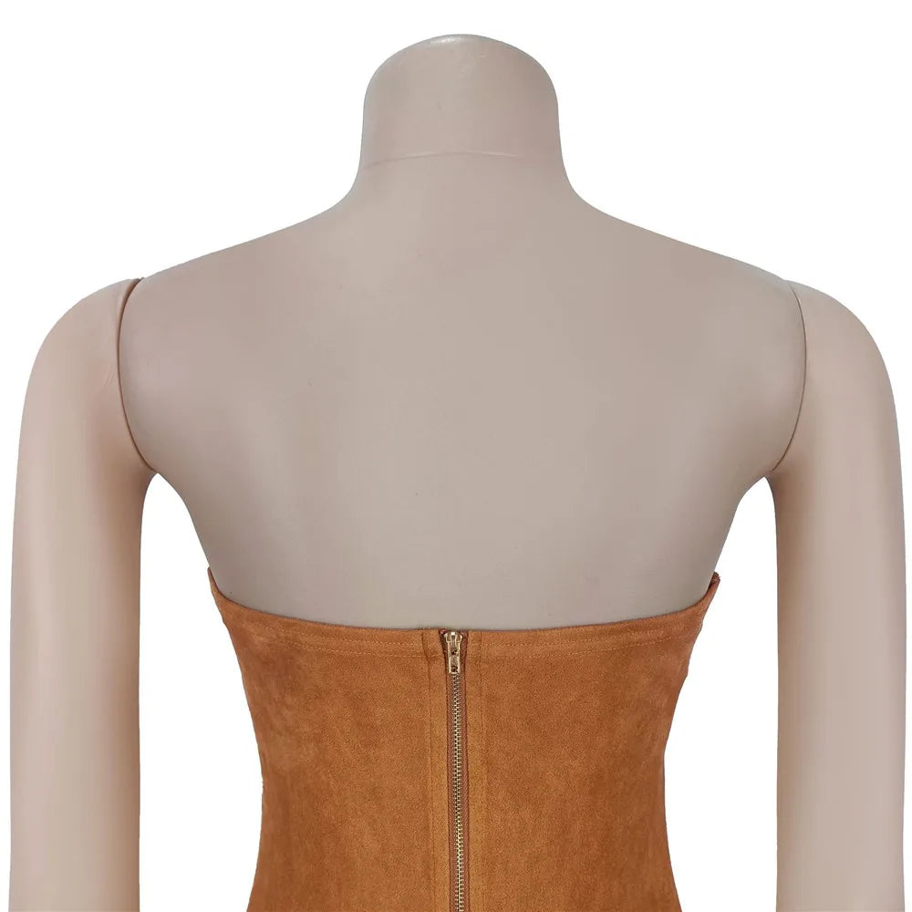 RLMABABY Sexy Strapless Tassel Bodycon Mini Dress Women Gown Slim Backless Sleeveless Metal Buckle Club Party Sheath Short Dress