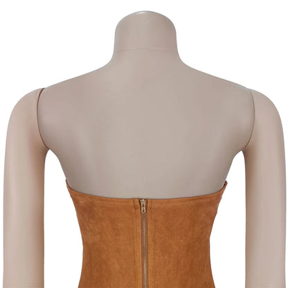 RLMABABY Sexy Strapless Tassel Bodycon Mini Dress Women Gown Slim Backless Sleeveless Metal Buckle Club Party Sheath Short Dress