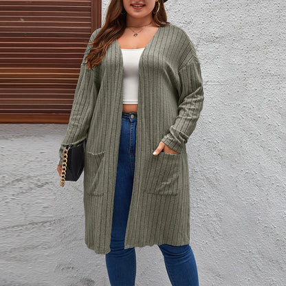 Plus Size Women's Solid Ribbed Long Sleeve Pockets Cardigan Tops Spring Autumn Ladies Casual Coatigan Outwear Size 1XL-5XL army green