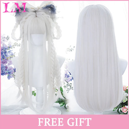 LM Long Silky Straight Synthetic Wigs with Bangs Black Cosplay Party Lolita Hair Wigs for Women Natural Heat Resistant Wig #350