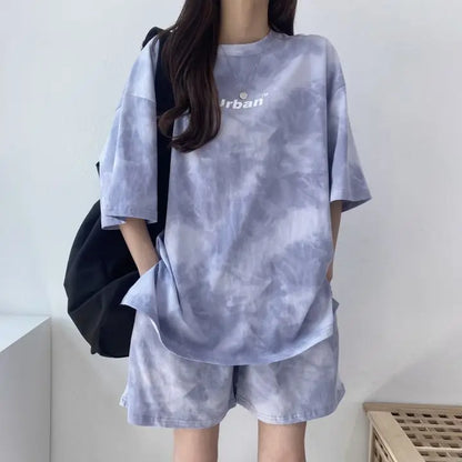 Women Summer 2024 New Fashion Cool Tie Dye Two-Piece Set Leisure And Comfortable Loose Elastic Waist Shorts Set Blue