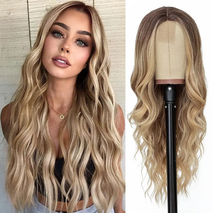 Synthetic Long Lace Wig Matte Silk Ombre Platinum Blonde Wavy Wig for Women 26 Inch Curly Middle Part Extension for Daily Ombre-Blonde 26inches