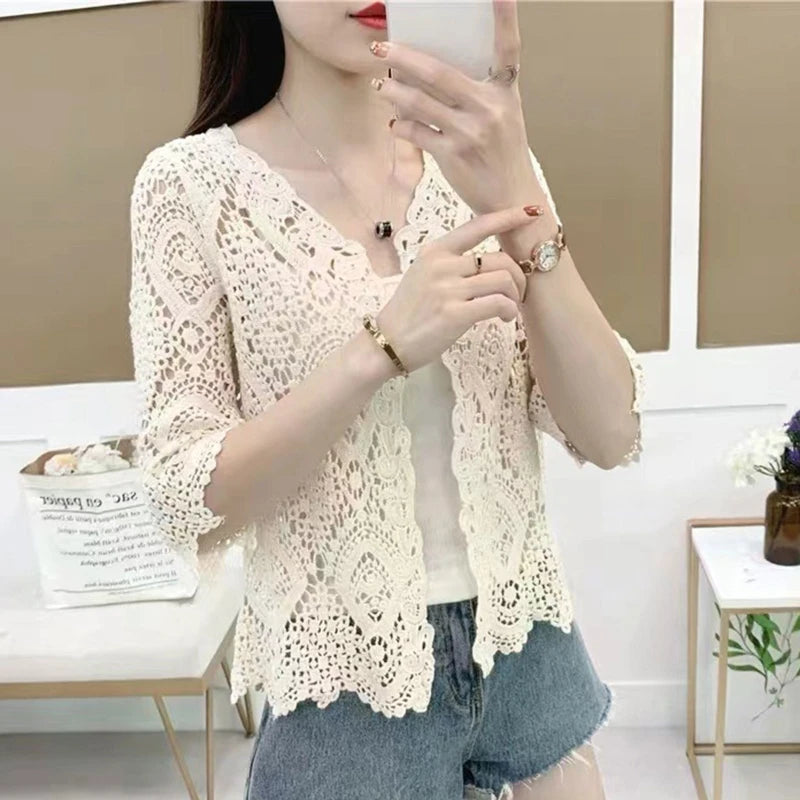 Women Knitted Lace Shrug Boho Hollow Crochet Floral 3/4 Sleeves Open Front Cropped Cardigan Elegant Mesh Sweater Coveup