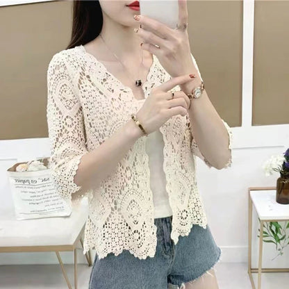 Women Knitted Lace Shrug Boho Hollow Crochet Floral 3/4 Sleeves Open Front Cropped Cardigan Elegant Mesh Sweater Coveup