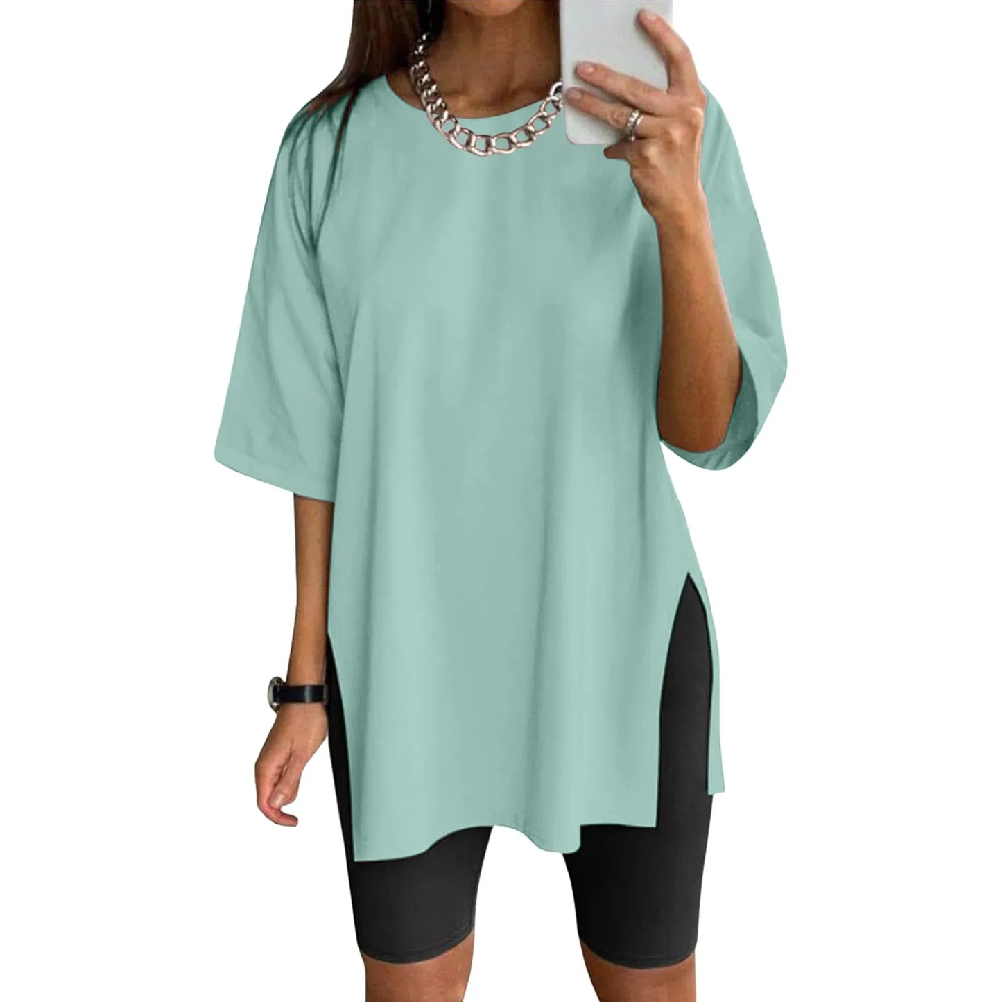 Extra Long Tops Women Oversize Sports Short Sleeve Blouses Summer Loose Tops Crew Neck Solid Large Size Side Split Pullover Mint Green