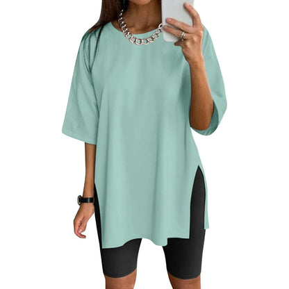 Extra Long Tops Women Oversize Sports Short Sleeve Blouses Summer Loose Tops Crew Neck Solid Large Size Side Split Pullover Mint Green