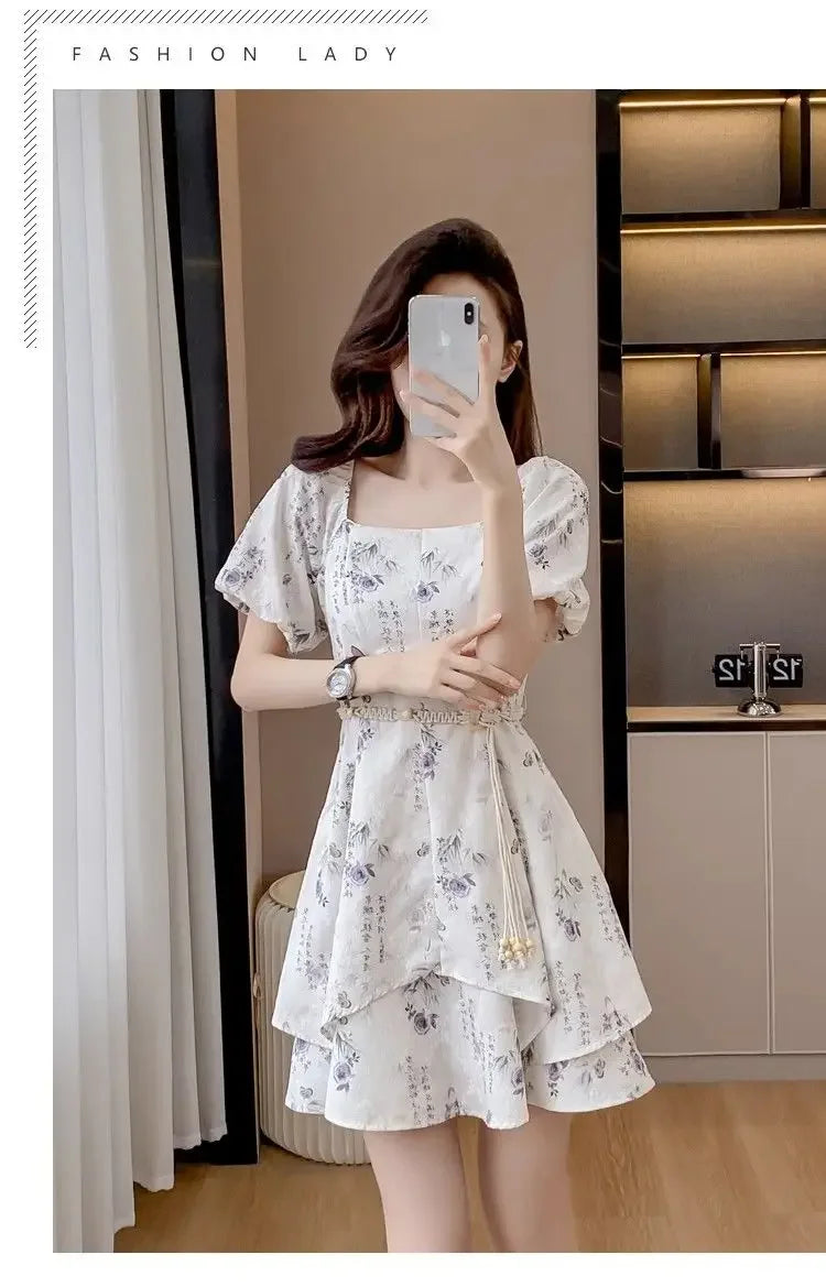 Square Neck Short-sleeved Women 2025 Summer New Chinese Puff Short-sleeved Retro Waist-hugging A-line Dress