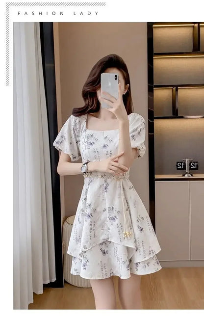 Square Neck Short-sleeved Women 2025 Summer New Chinese Puff Short-sleeved Retro Waist-hugging A-line Dress