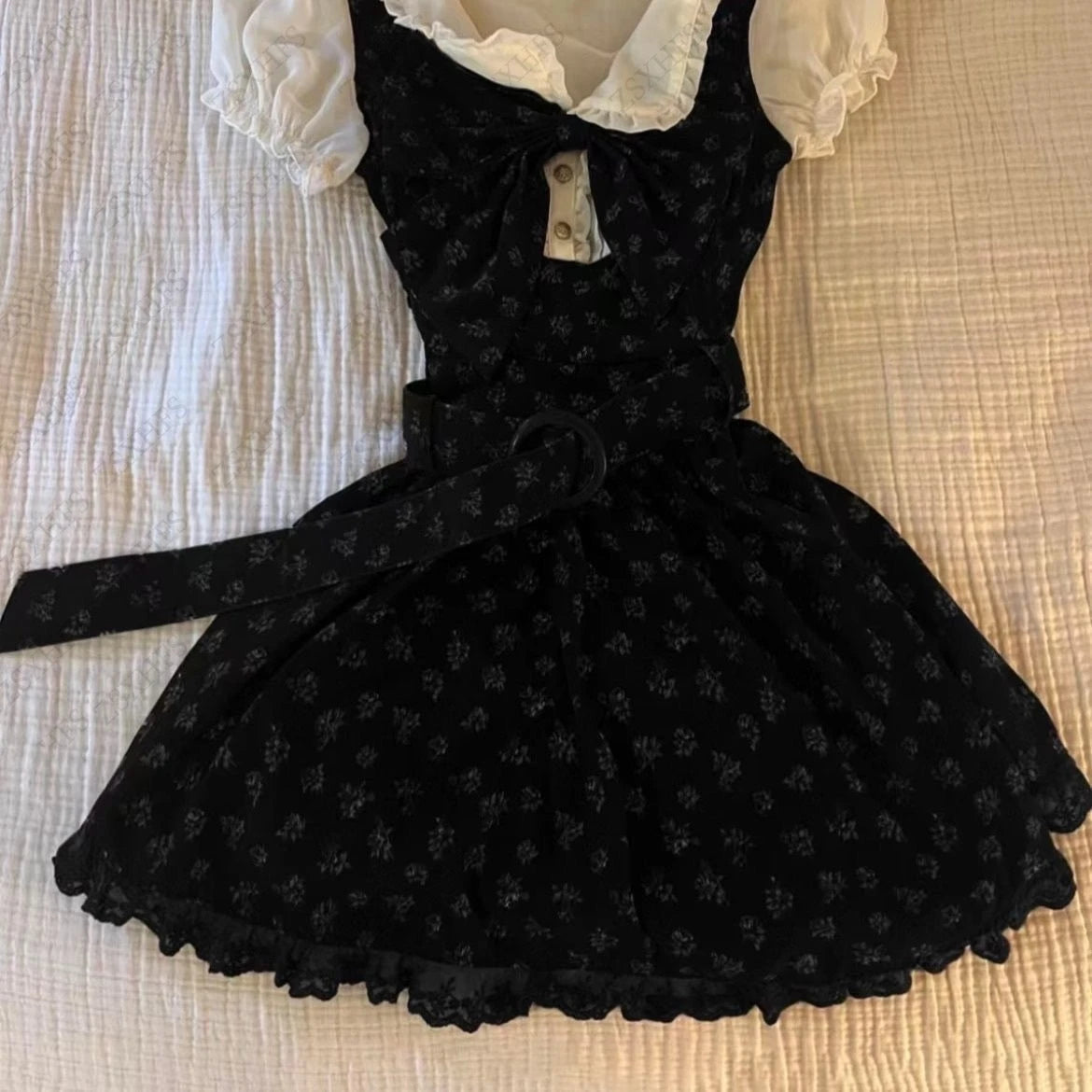 Sweet Gyaru Chic Dress y2k Summer Women's Clothing Floral Puff Sleeve Girdling Waist Lady Gowns Lace Up Ruffled Graceful Dresses Badiee Stylez