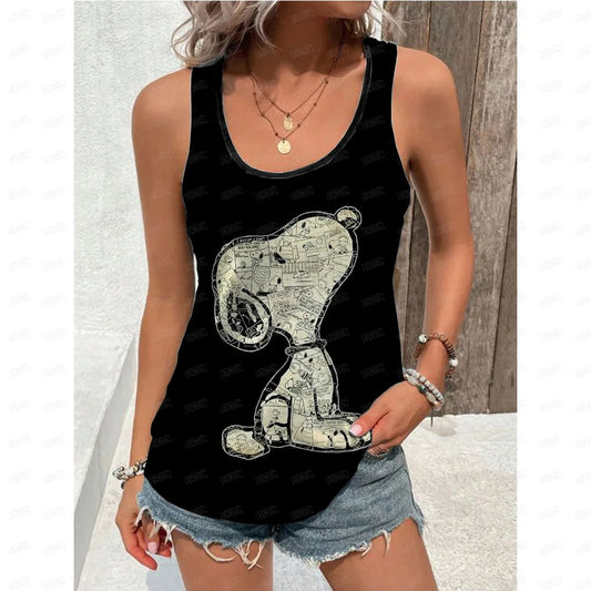 Women's Blouse black Shirts & Blouses Cartoon Snoopy Print Sleeveless Tops Loose V Neck Pulovers Summer Youthful Woman Clothes BXZ1GH01120