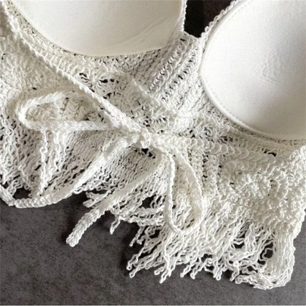 Sexy Boho Beach Holiday Camisole Halter Women Crochet Knit Swimsuit Bra Backless Vest Hollow Tassel Tank Top Women's Crop Tops
