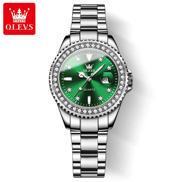OLEVS Original Diamond Dial Quartz Watch for Women Fashion Elegant Ladies Watches Stainless Steel Waterproof Women's Wristwatch Silver Green-PDBLV
