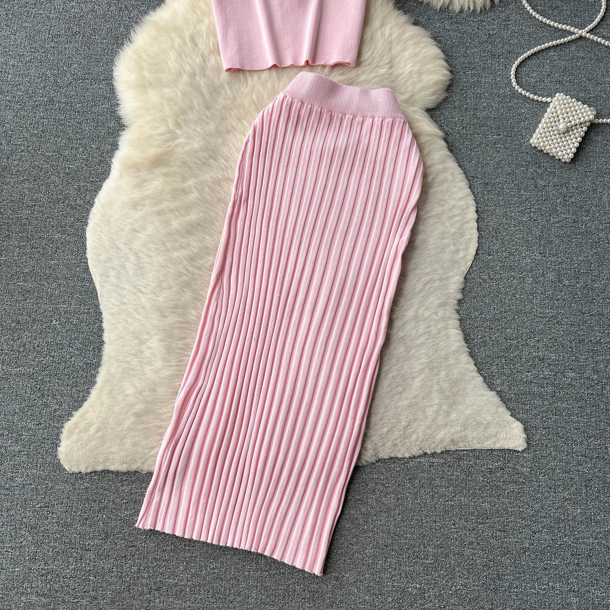 SINGREINY Casual Two Piece Sets Women Summer O Neck Top Elastic Waist Long Skirt Fashion Office Lady Korean Knit Suit