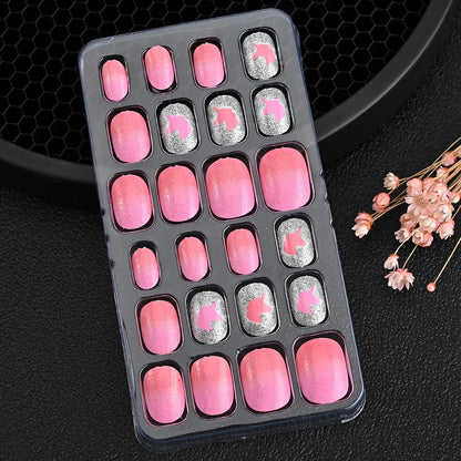 24Pcs Children Cartoon Nail Tips Colorful Cute Rabbit Pink Stars 6-14 Years old Girl Fake Nail With Jelly Glue Kids False Nail TD060-07