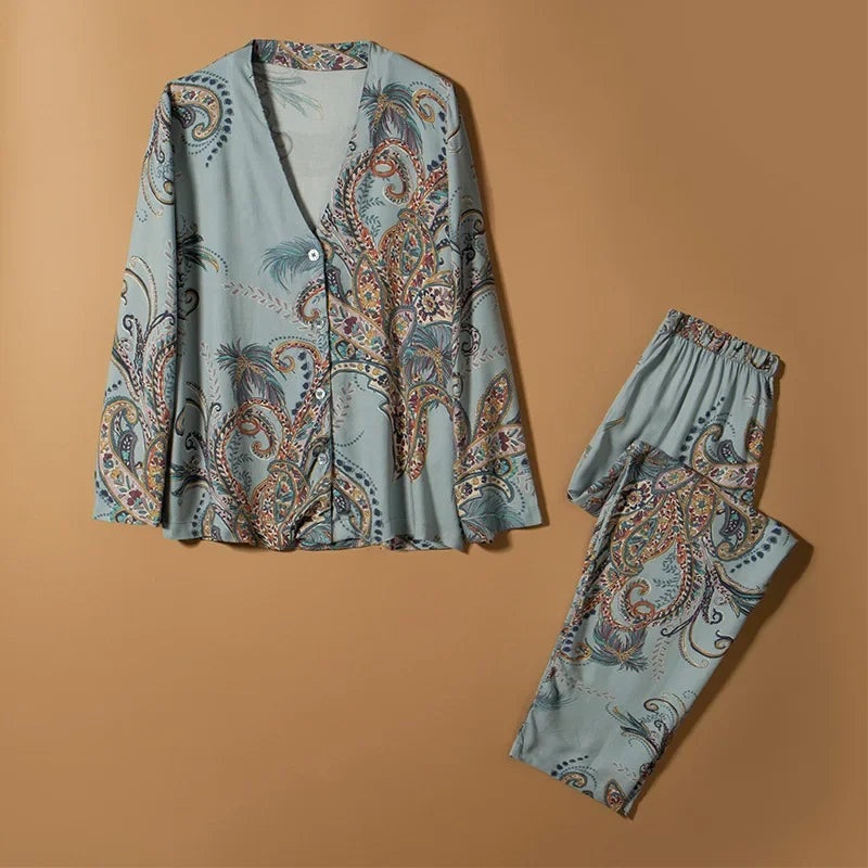 Japanese new spring and autumn new style cotton viscose ladies long-sleeved suit feather big flower home service pijamas women