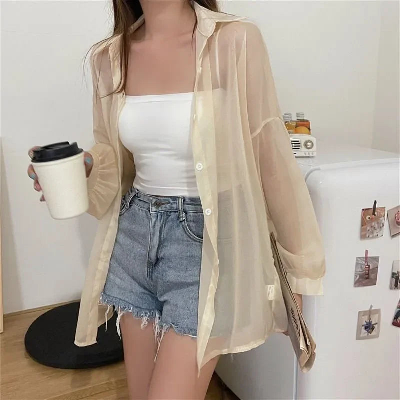 Xpqbb Women's White Chiffon Shirt Sheer Thin Long Sleeve Sun Protection Blouse Woman Casual Loose Simple Single-breasted Shirts APRICOT