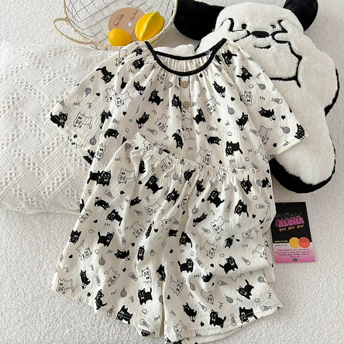 Summer New Cloud Cotton round Ne Button Sweet Cartoon Spwear Two-Piece Set Lightweight Comfortable Student Home Clothes Black and white cat