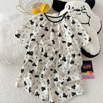 Summer New Cloud Cotton round Ne Button Sweet Cartoon Spwear Two-Piece Set Lightweight Comfortable Student Home Clothes Black and white cat