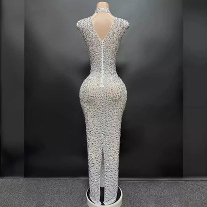 Sexy Full Drill Elastic Slim Fit Sleeveless Long Dress - Hip Wrap, For Host Stage Catwalk & Engagement Evening High-Slit Dresses Badiee Stylez