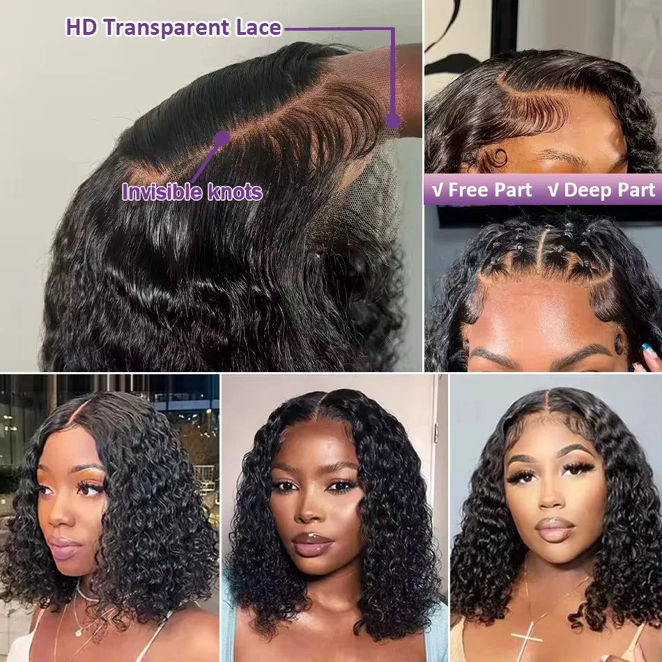 Deep Curly Bob Wigs Natural Color 180% Density 13x4 Lace Frontal Wigs Peruvian Remy Human Hair 4x4 Closure Short Bob Wigs Curly