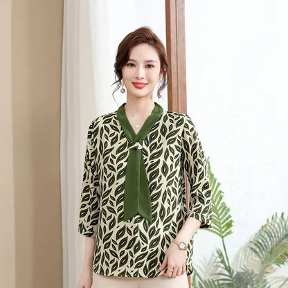 Women's Shirt Middle-aged Mother Elegant Summer Lady Shirts Bandage Floral Printed Chiffon Shirt Blouse Women's Clothing