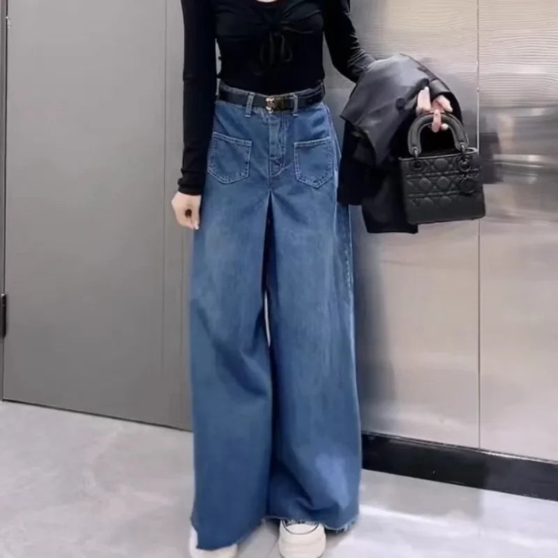 Retro Loose Super Wide-leg Jeans Women's 2024 Spring New Design Rough Edge Culottes Drape Floor Pants Women's Clothing Simple