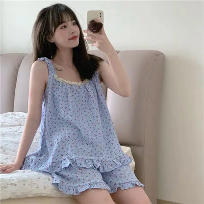 Pajamas Set for Women Sexy Home Clothing Sleepwear Tank Top Suit Shorts Cute Underwear Soft Nightwear Sleeveless Lace Loungewear 002 CHINA