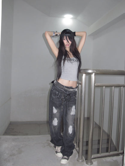 Karrcat Trashy 2000s Letter Print Tank Top Japanese Y2k Gray Camis Tops Grunge Aesthetics Sleeveless Crop Tops American Retro