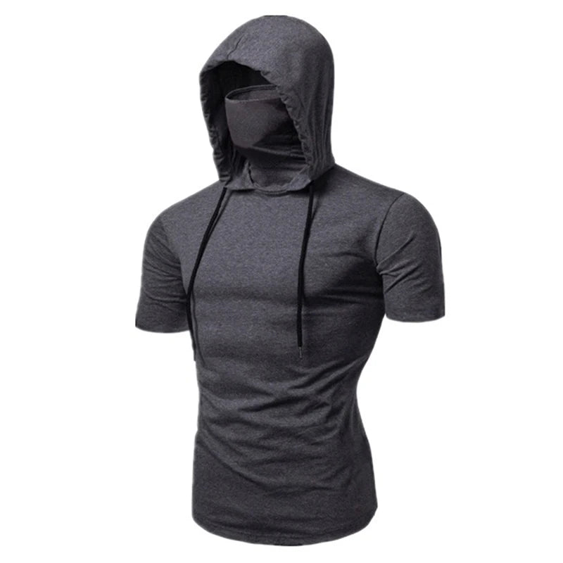 Mens Gym Thin Hoodie Short Sleeve Hoodies With Mask Sweatshirt Casual Splice Large Mask Hoodie Sweatshirt Hooded Tops Cycling Badiee Stylez