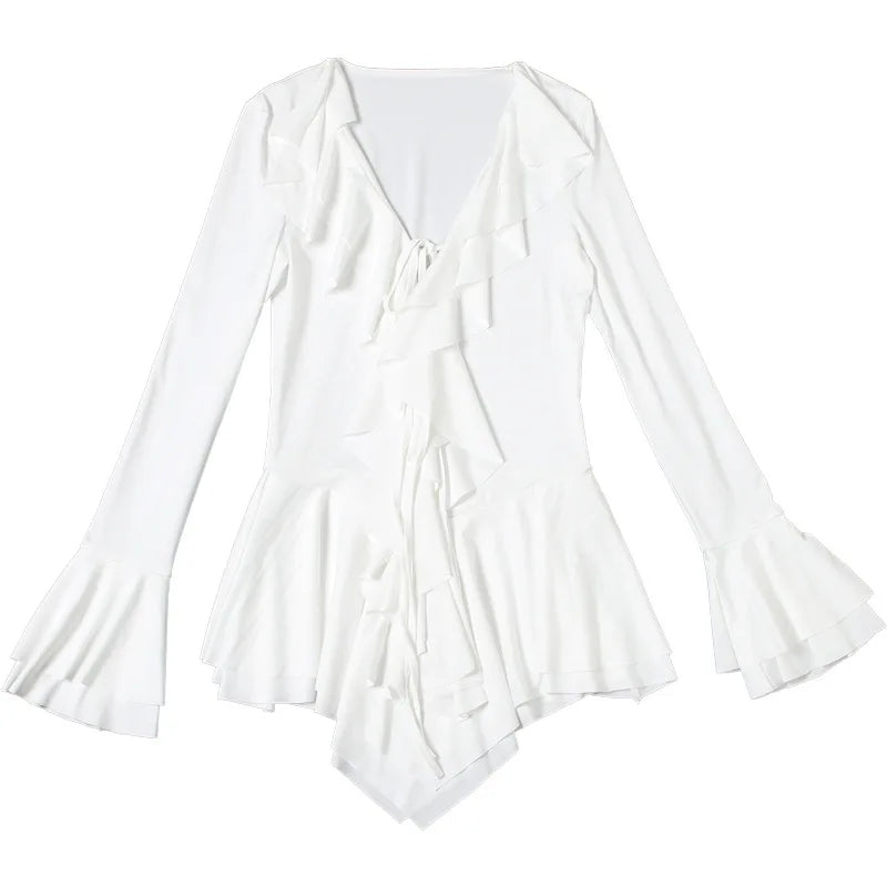 2025 New Autumn Irregular Hem Dress Women Y2K Flare Sleeve V-Neck Bandage Stretch Elegant Birthday Party Chic Hipster Bodycon Badiee Stylez