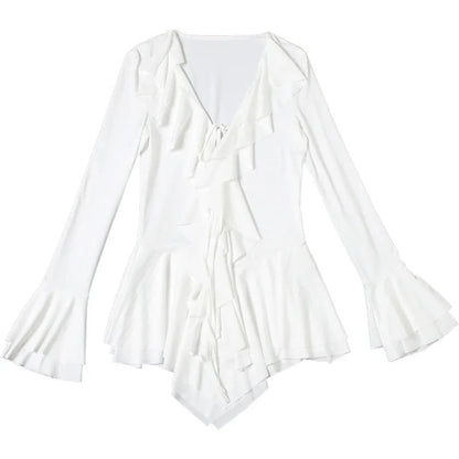 2025 New Autumn Irregular Hem Dress Women Y2K Flare Sleeve V-Neck Bandage Stretch Elegant Birthday Party Chic Hipster Bodycon Badiee Stylez