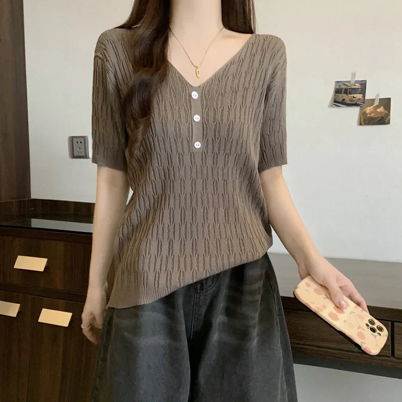 Plus Size Women's Summer New Style Slim Fit Knitted Top Belly Covering T-Shirt for Plump Sister V-Neck Big Code Sweater