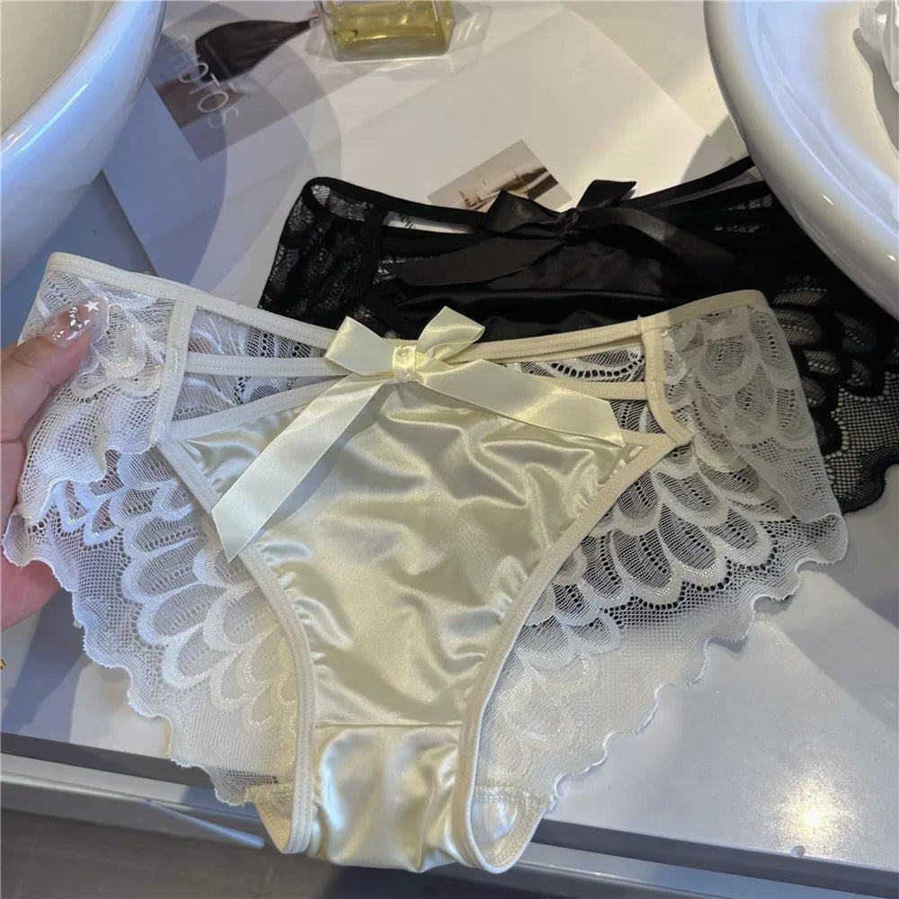 5Pcs Silk underwear, Women's intimate sexy lovely soft ﻿comfortable bowknot silk light thin triangular pants lace splicing