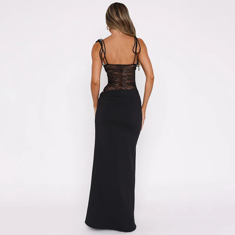 Elegant Lace Cut Out Maxi Dresses for Women 2025 Sexy Spaghetti Strap Patchwork Holidays Party Dress Summer Backless Long Dress