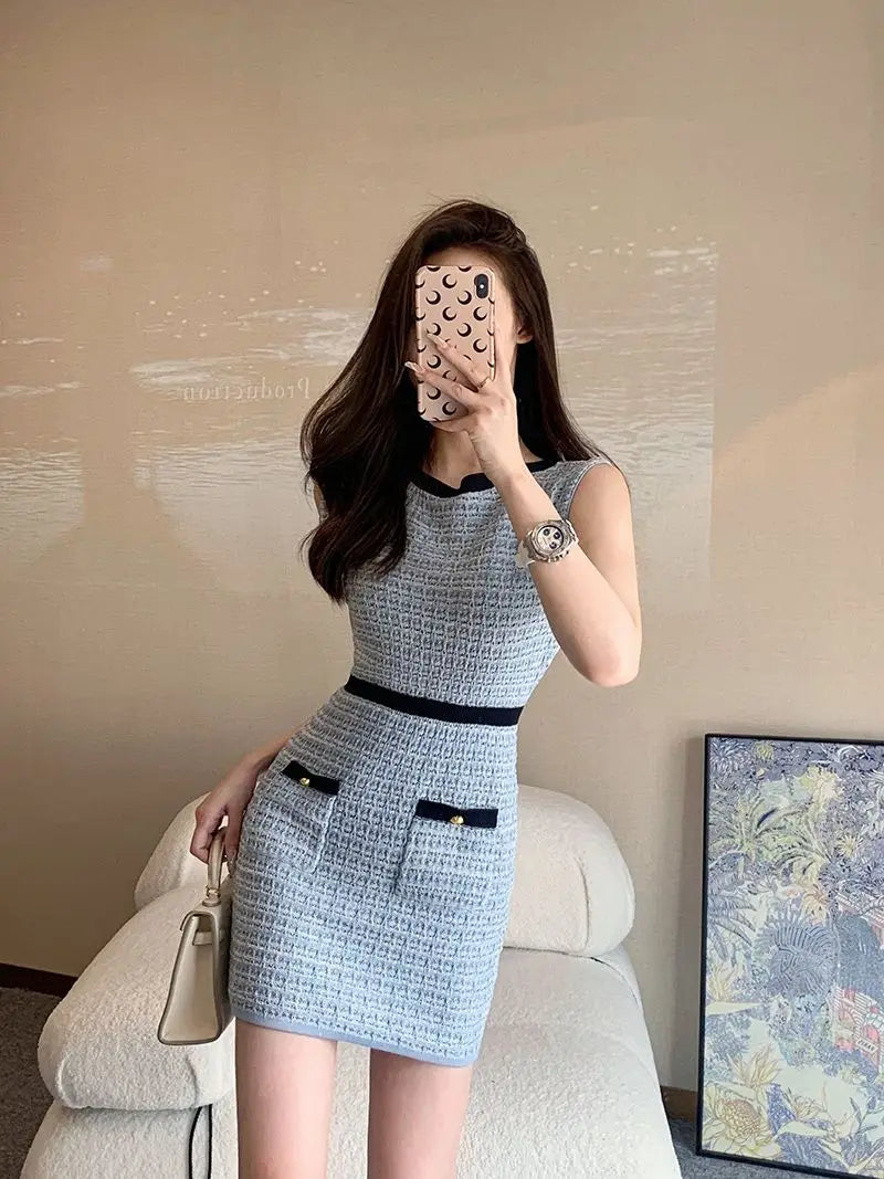 Korejpaa Korean Fashion Tank Dresses Women Simple Contrast Color Sleeveless Knitted Bodycon Dress Casual Slimming Vestidos
