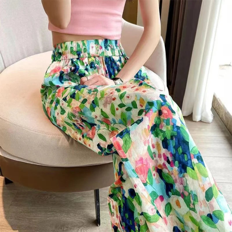 Beach Pants Loose Wide-Leg Pant Female Seaside Leisure INS High Waist Cropped Pant Straight Floral Trousers 2024 Summer New