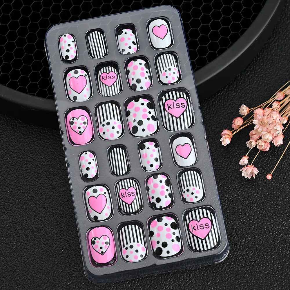 24Pcs Children Cartoon Nail Tips Colorful Cute Rabbit Pink Stars 6-14 Years old Girl Fake Nail With Jelly Glue Kids False Nail TD060-11