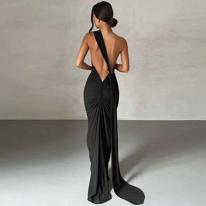 Womens Elegant Evening Party Cocktail Long Dress Sexy Backless Open Back Ruched Slim Bodycon Formal Wedding Guest Maxi Dress Badiee Stylez