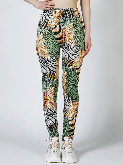 CUHAKCI Female Fitness Leggings Women Print Plaid Leggings Lady Sexy Slim Pencil Pants Push Up Elastic Waist Trousers Green Yellow Leopard