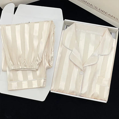 Korean Style Women's Two-piece Pajamas Sets Fashion Flower Print Faux Silk Satin Sleepwear Female Long Sleeve Pants Housewear 1