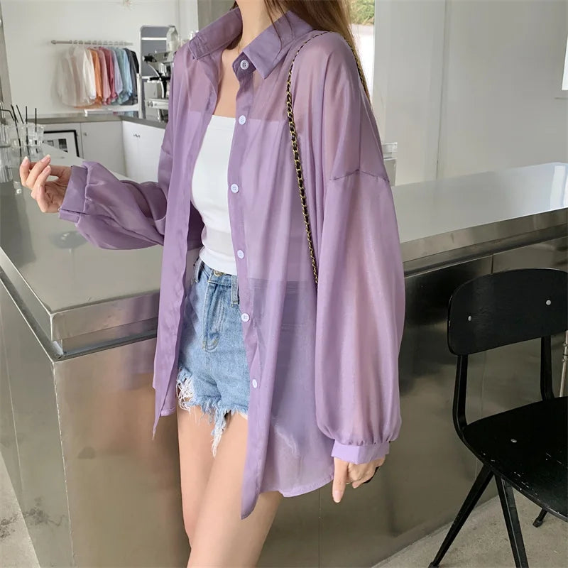 Semi Sheer Long Sleeve Shirt for Women Shimmer Button Down Collared Plain Lightweight Shirt Spring Summer Chic Tops Outfit