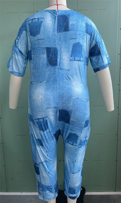 Plus size European and American cross-border summer loose V-neck stitched patch pocket print jumpsuit