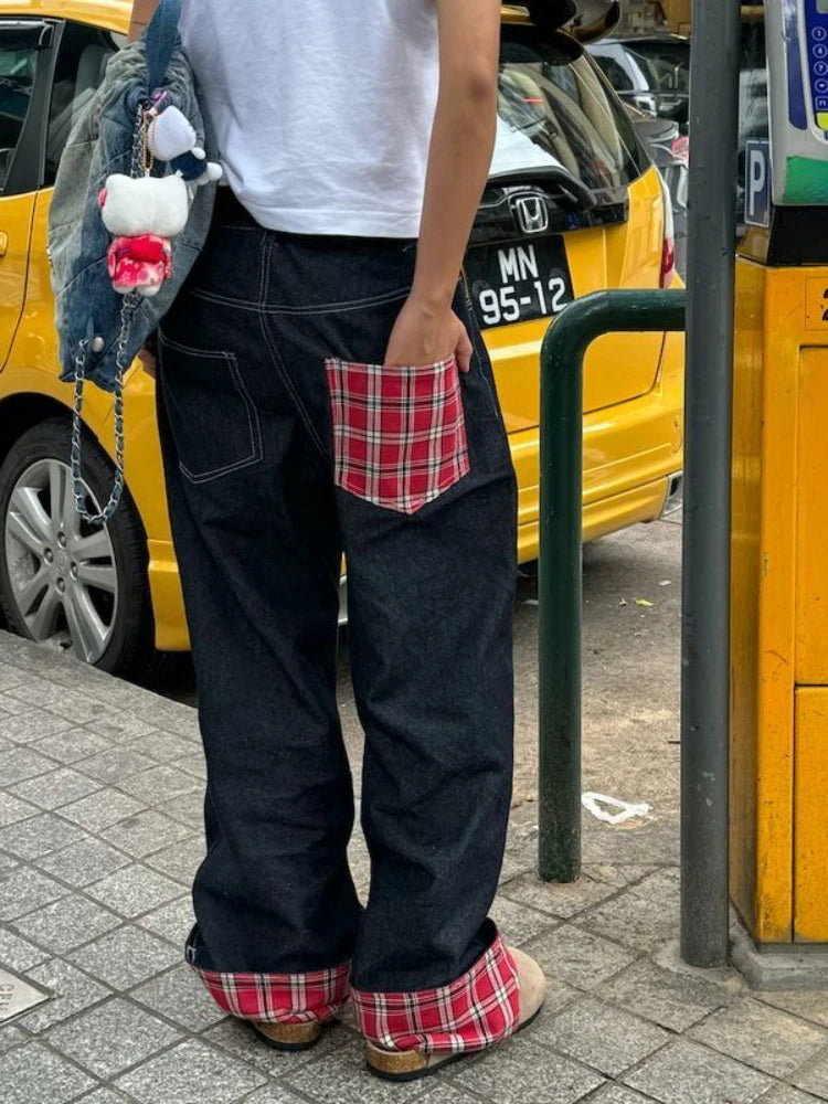 American retro plaid patchwork rolled edge women jeans high street Harajuku loose wide leg straight leg men and women pants 2