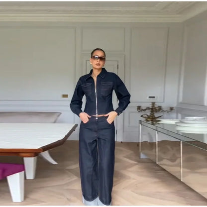 Lapel Zipper Denim Jackets Pants Sets Women Casual Pockets Short Jackets Suit With High Waist Jeans Lady Chic High Street Outfit