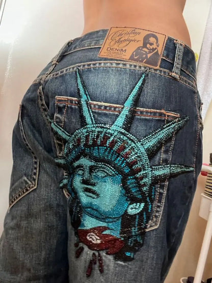 Y2k 2000s Bootcut Jeans Wing Flap Pockets Shining Diamonds Jean Casual Denim Pants Straight Wide Leg Jeans Women Clothing 2
